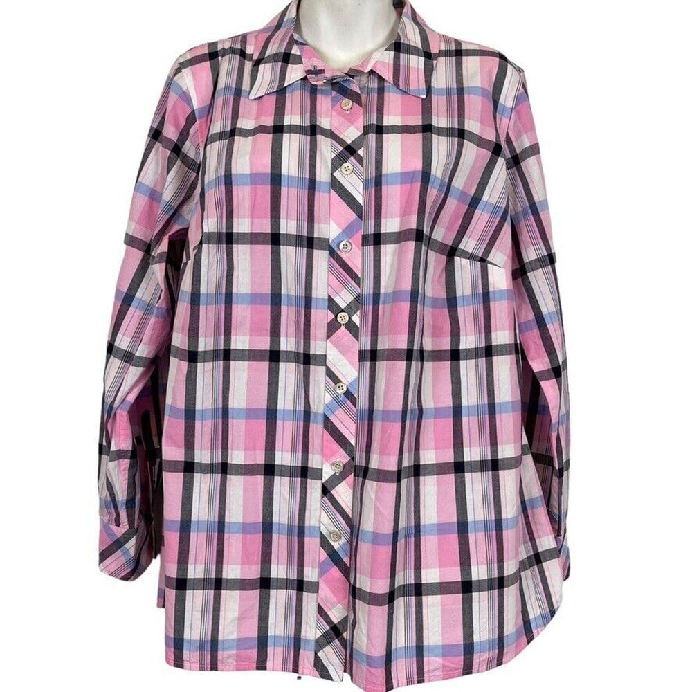 Talbots Plus Womens 100% Cotton Pink Plaid Long Sleeve Button Up Shirt X / 0X
